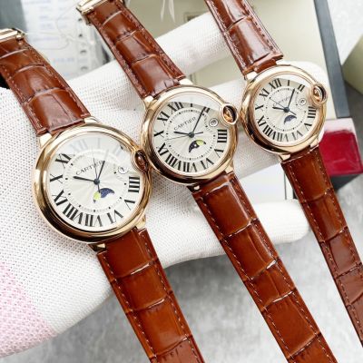 Replica Cartier Ballon Bleu De Rose Gold Red Leather Moonphase White Face Roman Dial Watch